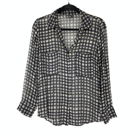 Club Monaco Tops - Club Monaco Women's Size S Lightweight Sheer Silk Plaid Button Down Shirt Black